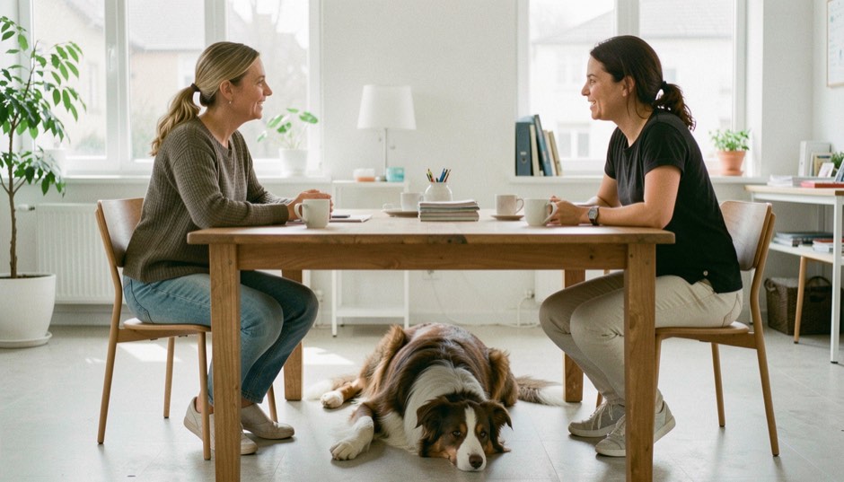 Eine Behandlerin und eine Hundehalterin sprechen an einem Holztisch in einem hellen Praxisraum, unter dem Tisch liegt ein entspannter braun-weißer Hund, auf dem Tisch stehen Tassen