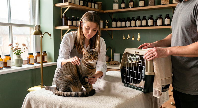 Eine Behandlerin untersucht eine ruhige getigerte Katze auf einem mit Handtuch bedeckten Behandlungstisch, daneben hält der Halter die Transportbox