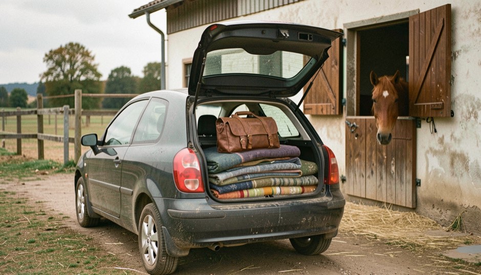 Ein Kleinwagen mit geöffneter Heckklappe auf einem Reiterhof, im Kofferraum eine Ledertasche und gefaltete Decken, ein Pferd schaut aus der Boxentür, bedeckter Spätnachmittag