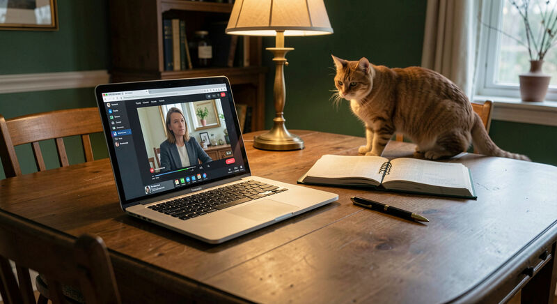 Ein Laptop mit Videovorlesung auf einem Esstisch, daneben Arbeitsheft und Stift, eine Katze geht vorbei